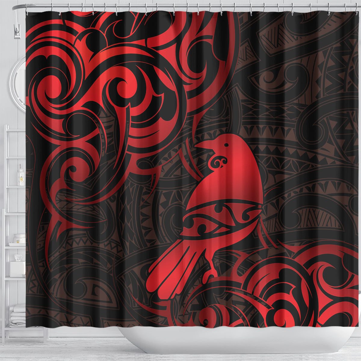 New Zealand Tui Bird Shower Curtain Aotearoa Maori Pattern - Red LT14 - Polynesian Pride