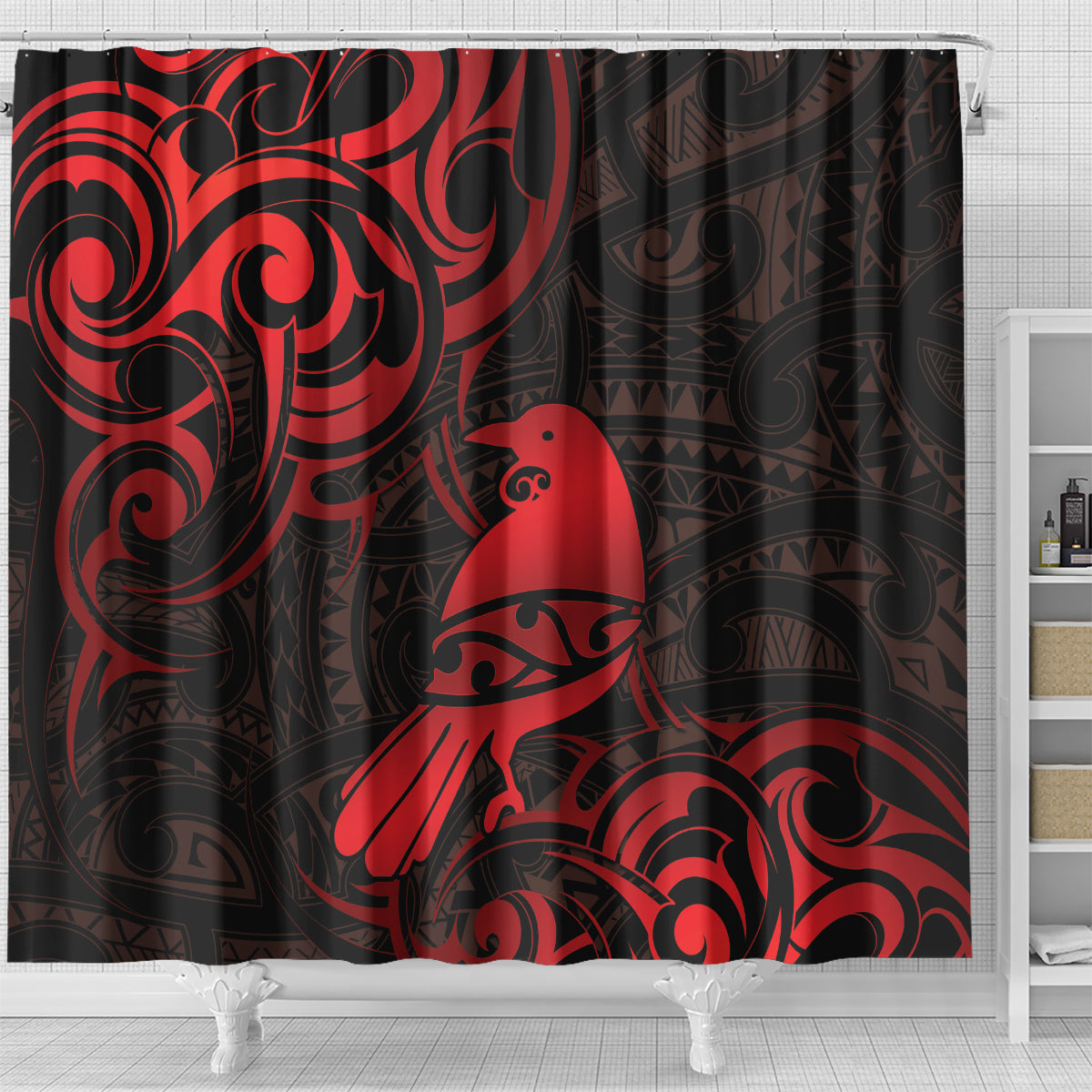 New Zealand Tui Bird Shower Curtain Aotearoa Maori Pattern - Red LT14 - Polynesian Pride