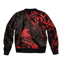 New Zealand Tui Bird Sleeve Zip Bomber Jacket Aotearoa Maori Pattern - Red