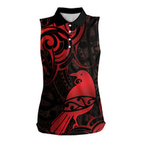 New Zealand Tui Bird Women Sleeveless Polo Shirt Aotearoa Maori Pattern - Red LT14 Female Red - Polynesian Pride