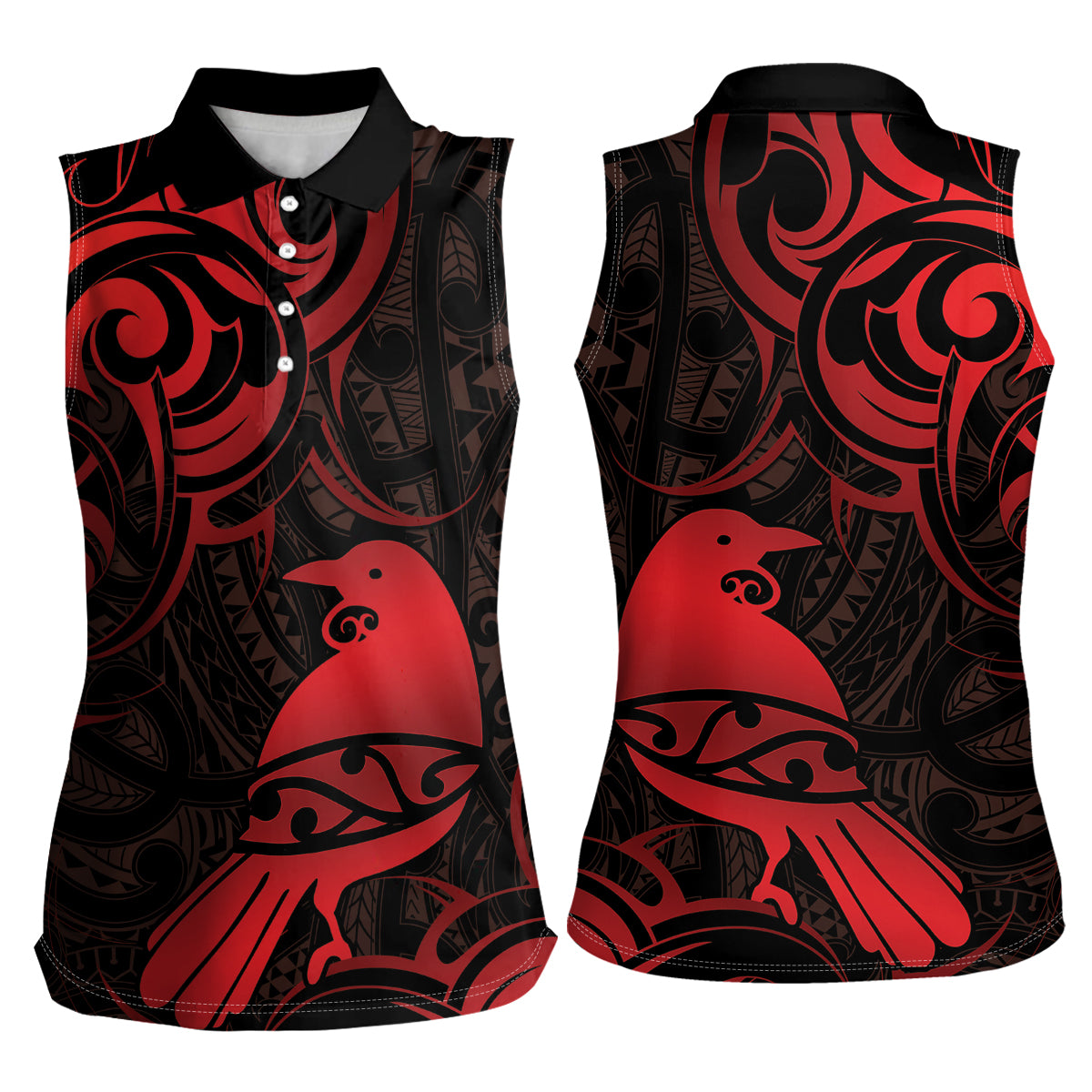 New Zealand Tui Bird Women Sleeveless Polo Shirt Aotearoa Maori Pattern - Red LT14 - Polynesian Pride