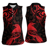 New Zealand Tui Bird Women Sleeveless Polo Shirt Aotearoa Maori Pattern - Red LT14 - Polynesian Pride