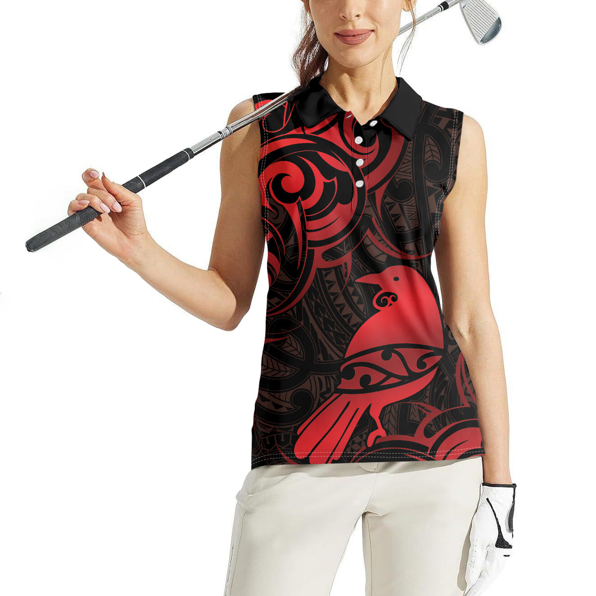 New Zealand Tui Bird Women Sleeveless Polo Shirt Aotearoa Maori Pattern - Red LT14 - Polynesian Pride