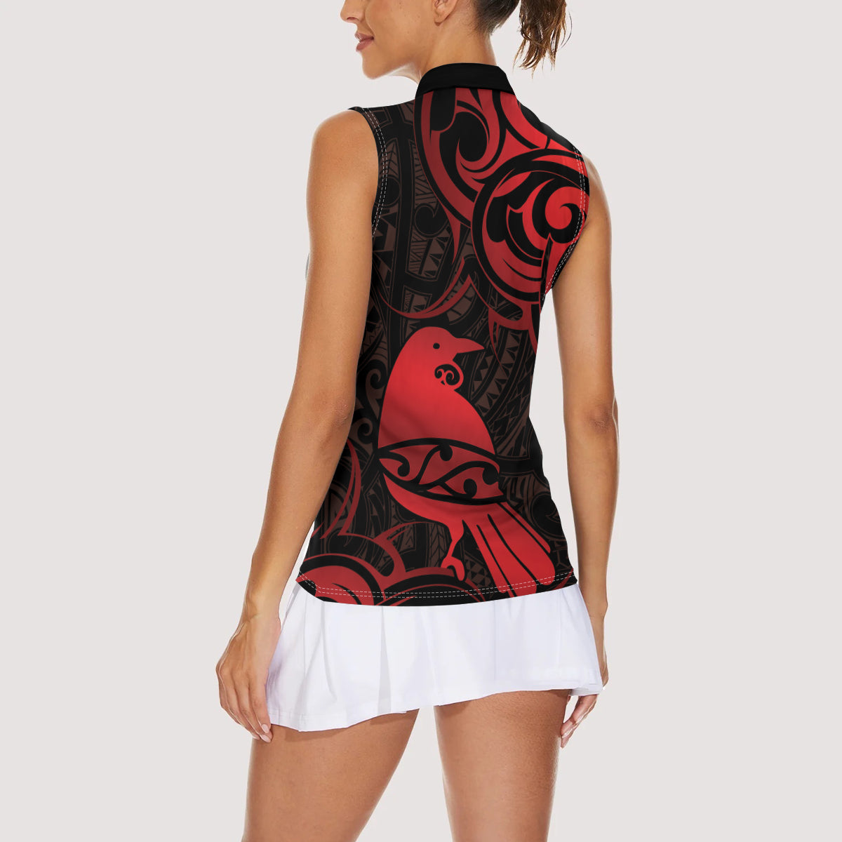 New Zealand Tui Bird Women Sleeveless Polo Shirt Aotearoa Maori Pattern - Red LT14 - Polynesian Pride