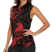 New Zealand Tui Bird Women Sleeveless Polo Shirt Aotearoa Maori Pattern - Red LT14 - Polynesian Pride