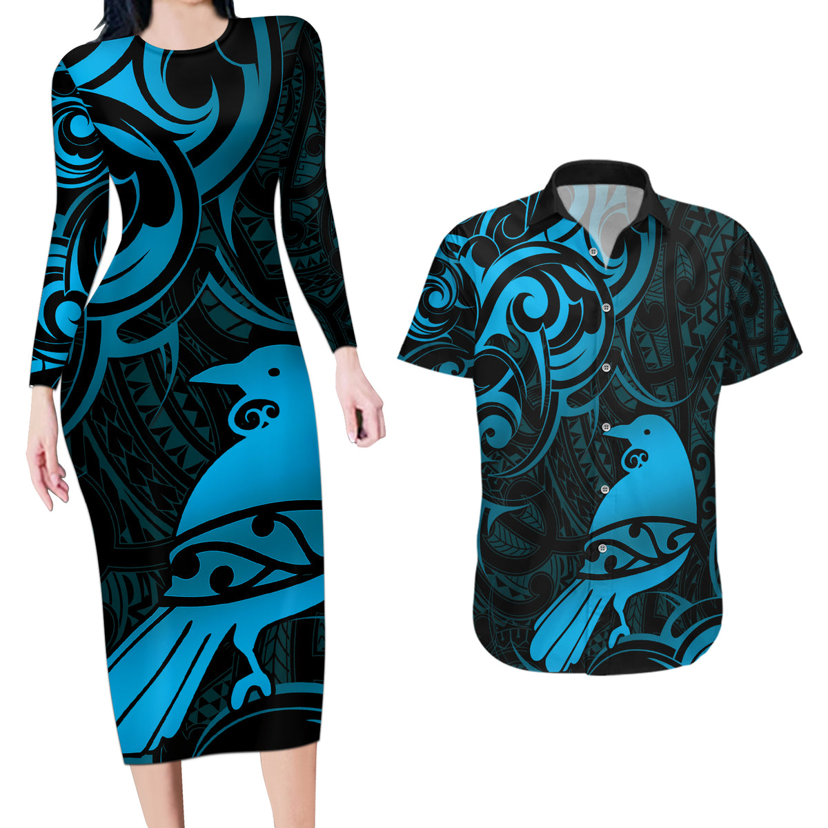 New Zealand Tui Bird Couples Matching Long Sleeve Bodycon Dress and Hawaiian Shirt Aotearoa Maori Pattern - Blue LT14 Blue - Polynesian Pride