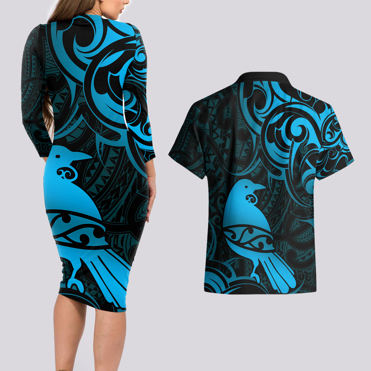 New Zealand Tui Bird Couples Matching Long Sleeve Bodycon Dress and Hawaiian Shirt Aotearoa Maori Pattern - Blue LT14 - Polynesian Pride