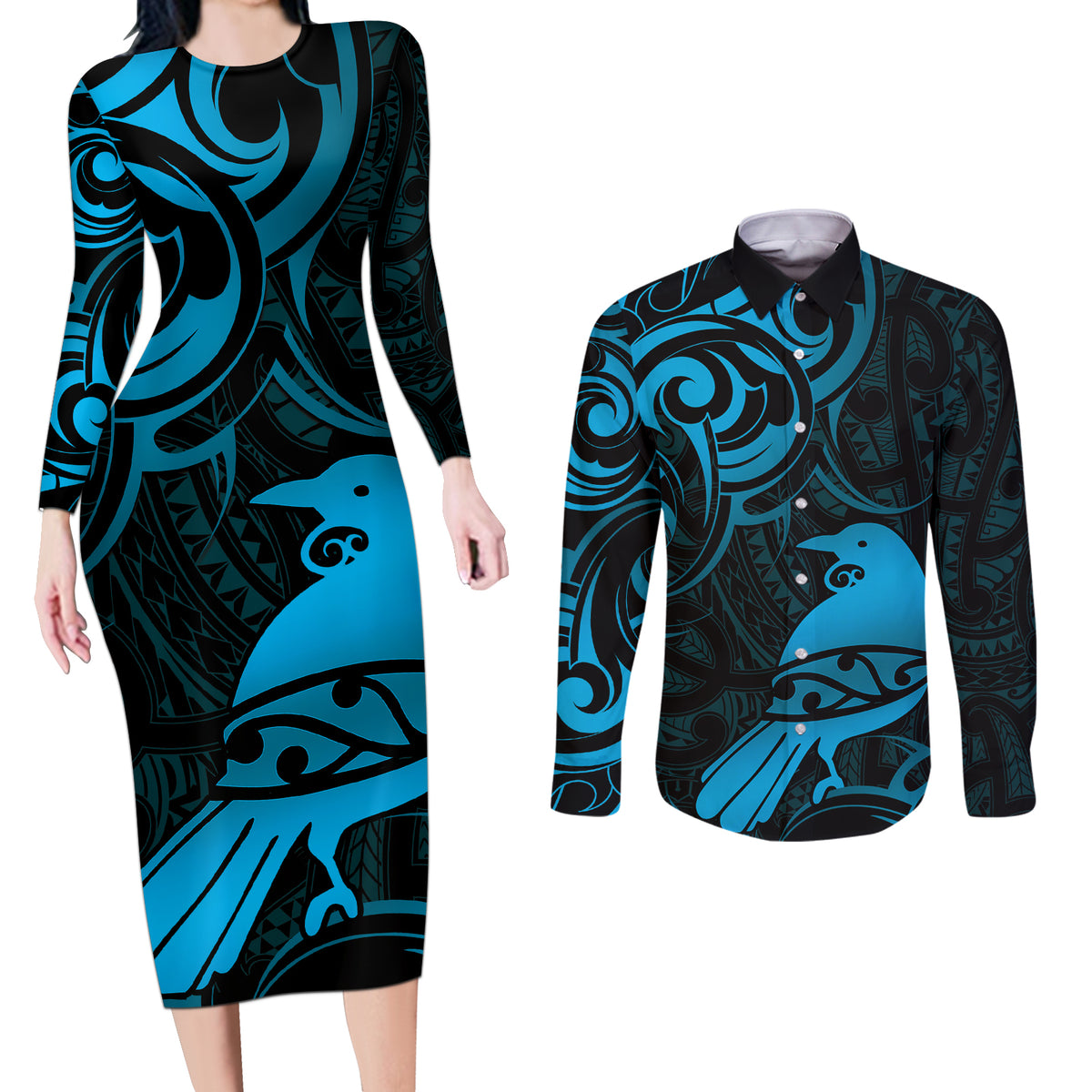 New Zealand Tui Bird Couples Matching Long Sleeve Bodycon Dress and Long Sleeve Button Shirt Aotearoa Maori Pattern - Blue LT14 Blue - Polynesian Pride