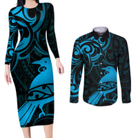 New Zealand Tui Bird Couples Matching Long Sleeve Bodycon Dress and Long Sleeve Button Shirt Aotearoa Maori Pattern - Blue LT14 Blue - Polynesian Pride