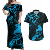 New Zealand Tui Bird Couples Matching Off Shoulder Maxi Dress and Hawaiian Shirt Aotearoa Maori Pattern - Blue LT14 Blue - Polynesian Pride
