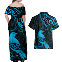 New Zealand Tui Bird Couples Matching Off Shoulder Maxi Dress and Hawaiian Shirt Aotearoa Maori Pattern - Blue LT14 - Polynesian Pride