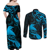 New Zealand Tui Bird Couples Matching Off Shoulder Maxi Dress and Long Sleeve Button Shirt Aotearoa Maori Pattern - Blue LT14 - Polynesian Pride