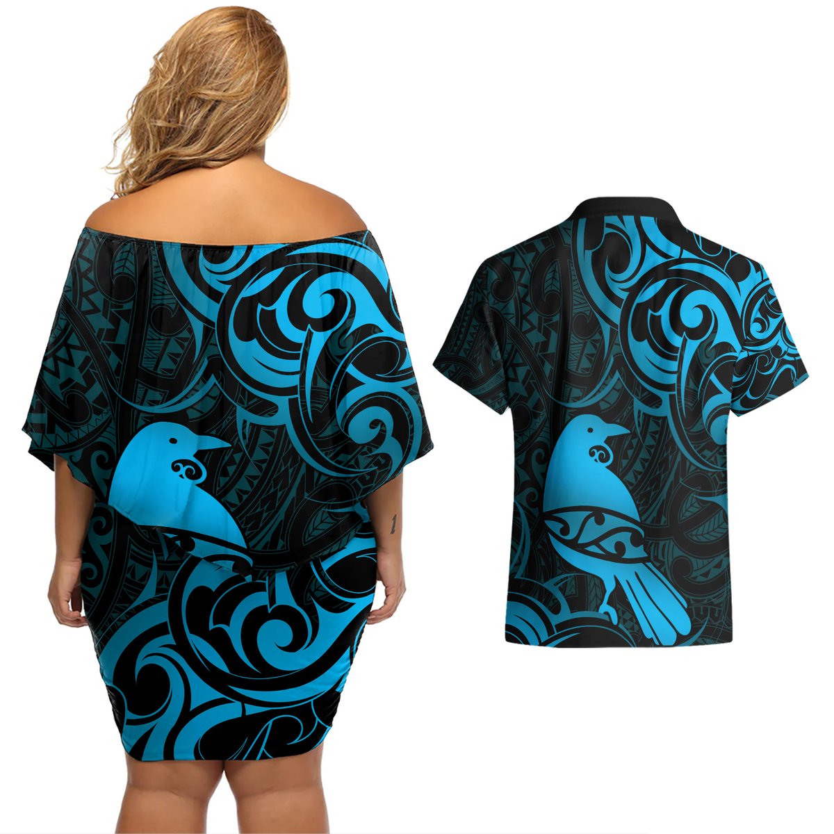 New Zealand Tui Bird Couples Matching Off Shoulder Short Dress and Hawaiian Shirt Aotearoa Maori Pattern - Blue LT14 - Polynesian Pride