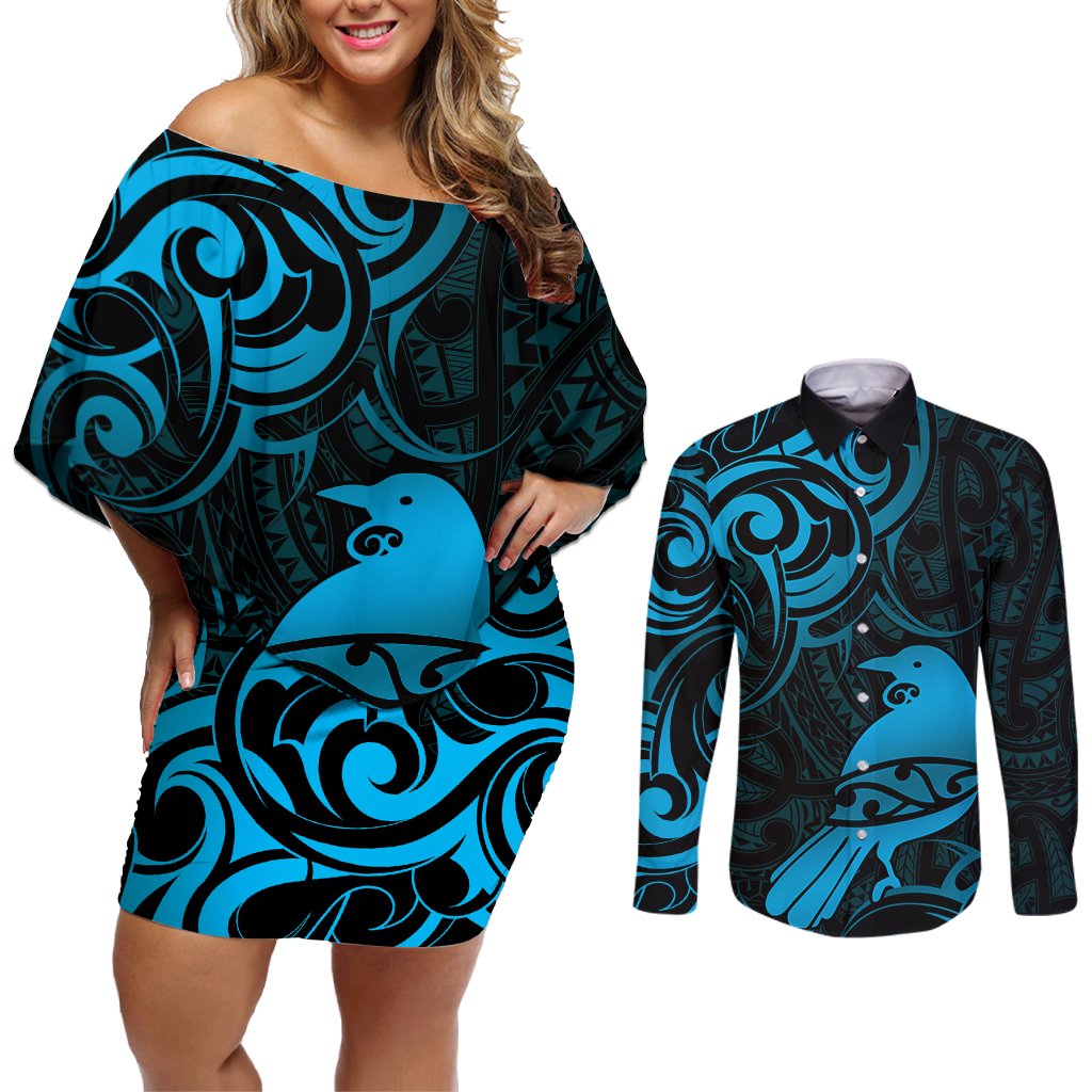 New Zealand Tui Bird Couples Matching Off Shoulder Short Dress and Long Sleeve Button Shirt Aotearoa Maori Pattern - Blue LT14 Blue - Polynesian Pride
