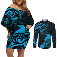 New Zealand Tui Bird Couples Matching Off Shoulder Short Dress and Long Sleeve Button Shirt Aotearoa Maori Pattern - Blue LT14 Blue - Polynesian Pride