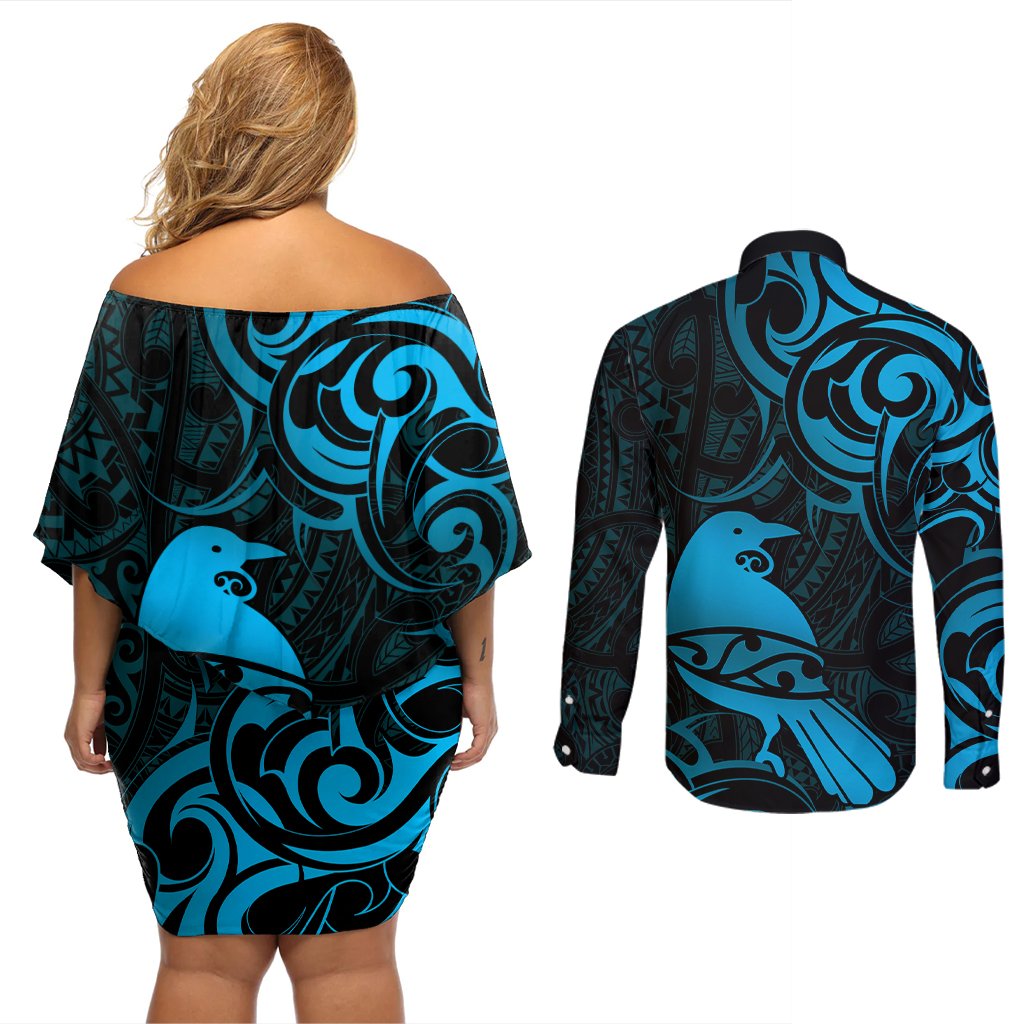 New Zealand Tui Bird Couples Matching Off Shoulder Short Dress and Long Sleeve Button Shirt Aotearoa Maori Pattern - Blue LT14 - Polynesian Pride