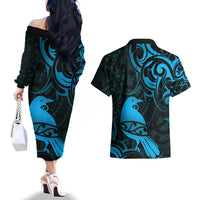 New Zealand Tui Bird Couples Matching Off The Shoulder Long Sleeve Dress and Hawaiian Shirt Aotearoa Maori Pattern - Blue LT14 - Polynesian Pride