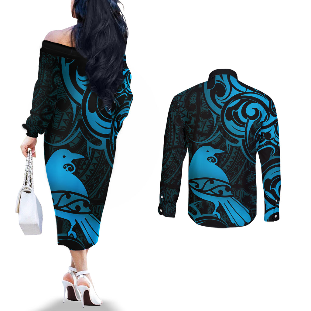 New Zealand Tui Bird Couples Matching Off The Shoulder Long Sleeve Dress and Long Sleeve Button Shirt Aotearoa Maori Pattern - Blue LT14 - Polynesian Pride