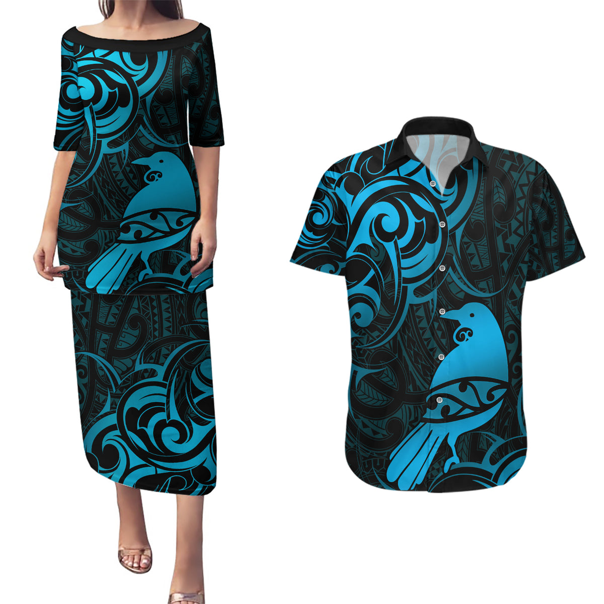 New Zealand Tui Bird Couples Matching Puletasi and Hawaiian Shirt Aotearoa Maori Pattern - Blue LT14 Blue - Polynesian Pride