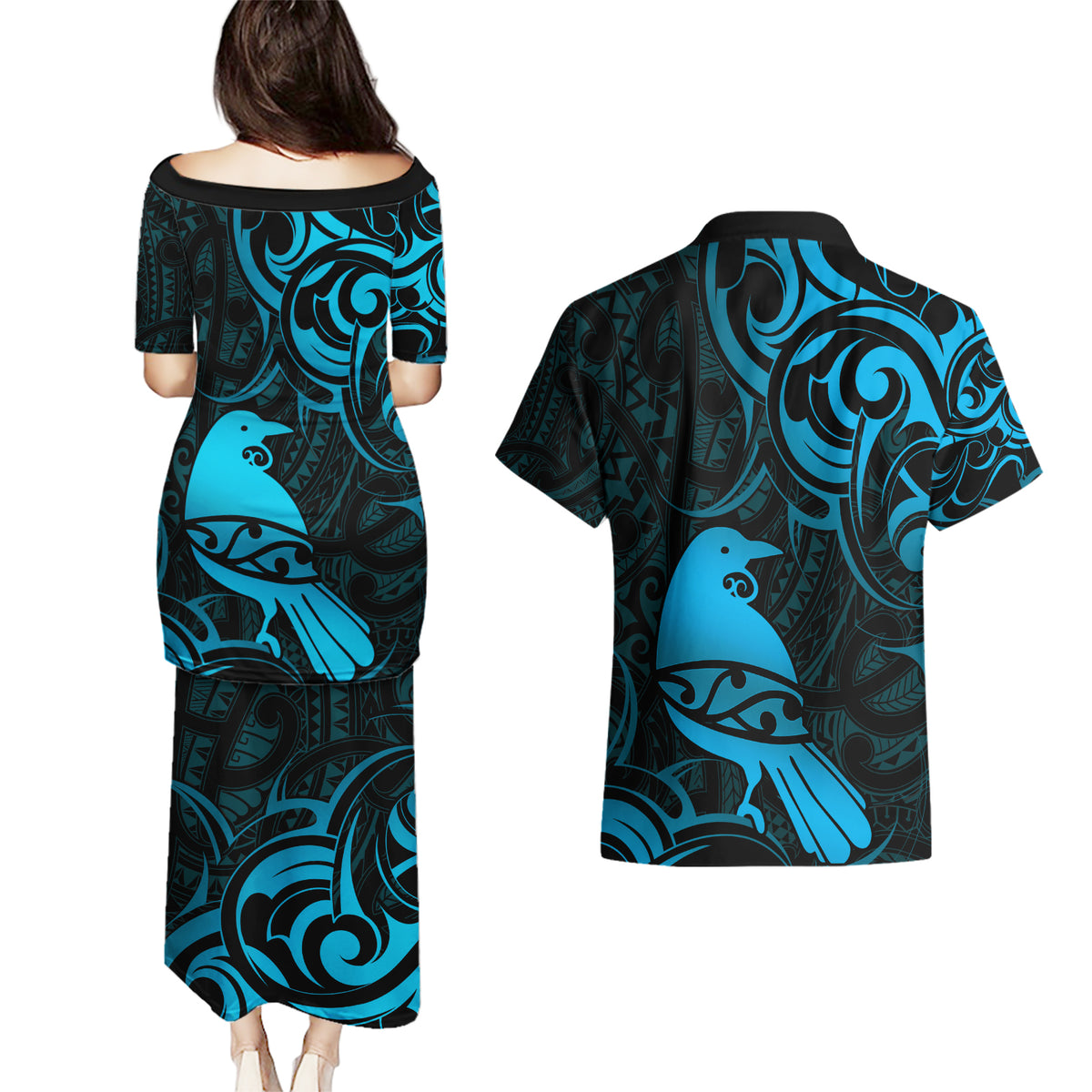 New Zealand Tui Bird Couples Matching Puletasi and Hawaiian Shirt Aotearoa Maori Pattern - Blue LT14 - Polynesian Pride