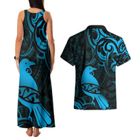 New Zealand Tui Bird Couples Matching Tank Maxi Dress and Hawaiian Shirt Aotearoa Maori Pattern - Blue LT14 - Polynesian Pride