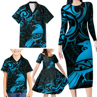 New Zealand Tui Bird Family Matching Long Sleeve Bodycon Dress and Hawaiian Shirt Aotearoa Maori Pattern - Blue LT14 - Polynesian Pride