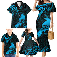 New Zealand Tui Bird Family Matching Mermaid Dress and Hawaiian Shirt Aotearoa Maori Pattern - Blue LT14 - Polynesian Pride