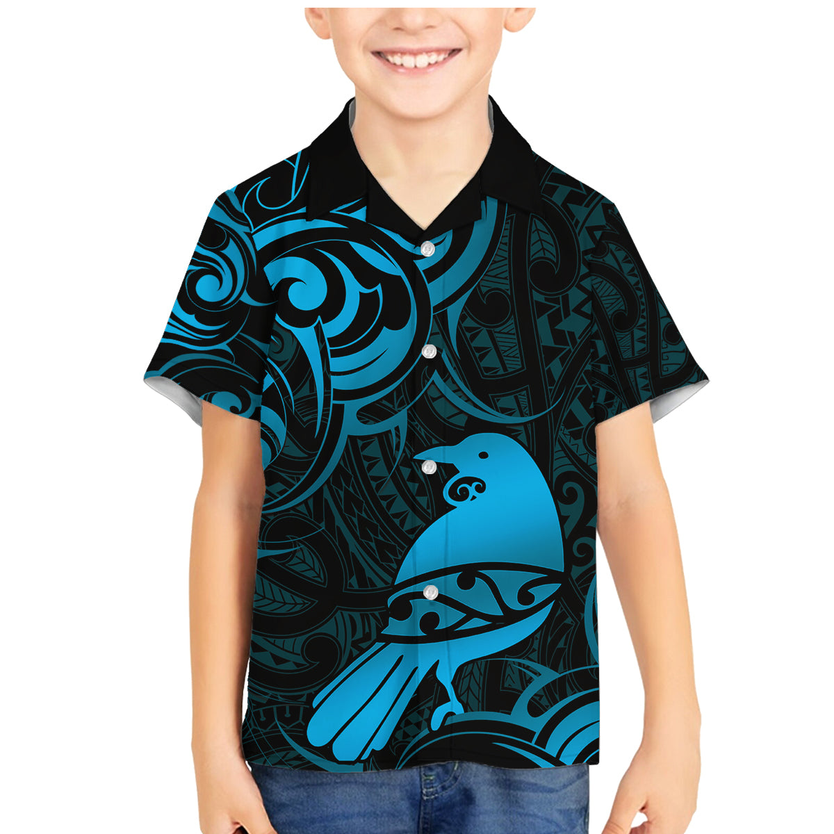 New Zealand Tui Bird Family Matching Mermaid Dress and Hawaiian Shirt Aotearoa Maori Pattern - Blue LT14 Son's Shirt Blue - Polynesian Pride