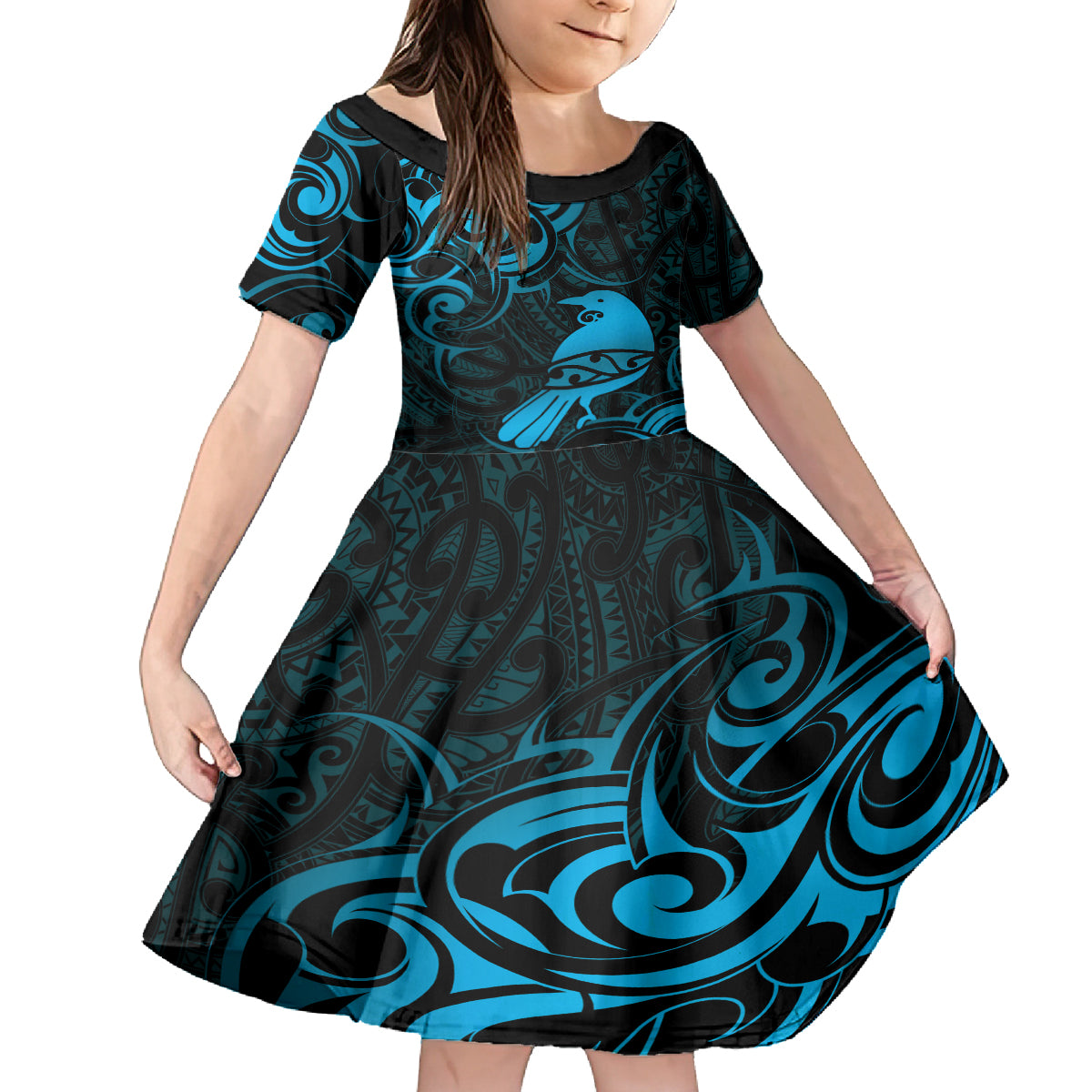 New Zealand Tui Bird Family Matching Off The Shoulder Long Sleeve Dress and Hawaiian Shirt Aotearoa Maori Pattern - Blue LT14 Daughter's Dress Blue - Polynesian Pride