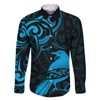 New Zealand Tui Bird Family Matching Off The Shoulder Long Sleeve Dress and Hawaiian Shirt Aotearoa Maori Pattern - Blue LT14 Dad's Shirt - Long Sleeve Blue - Polynesian Pride