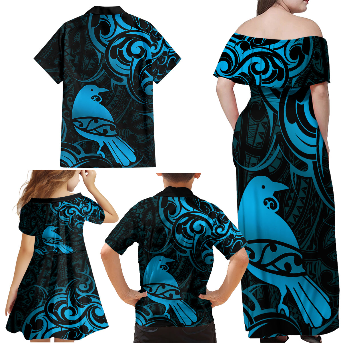 New Zealand Tui Bird Family Matching Off Shoulder Maxi Dress and Hawaiian Shirt Aotearoa Maori Pattern - Blue LT14 - Polynesian Pride