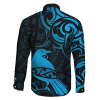 New Zealand Tui Bird Family Matching Off Shoulder Maxi Dress and Hawaiian Shirt Aotearoa Maori Pattern - Blue LT14 - Polynesian Pride