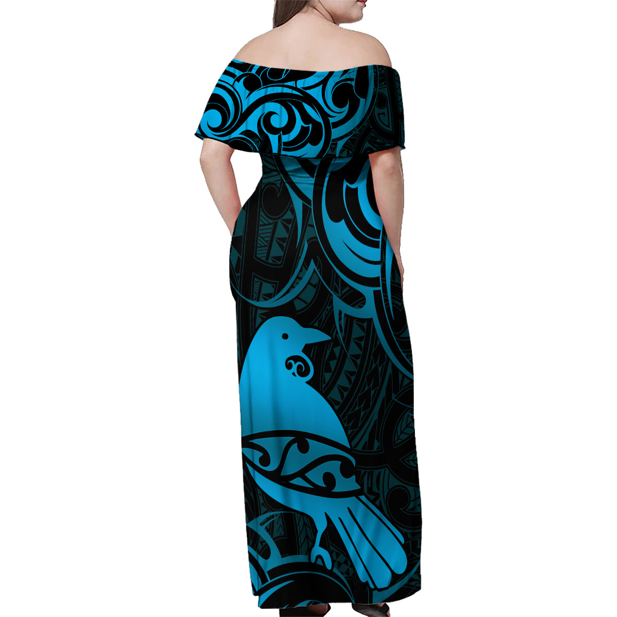New Zealand Tui Bird Family Matching Off Shoulder Maxi Dress and Hawaiian Shirt Aotearoa Maori Pattern - Blue LT14 - Polynesian Pride