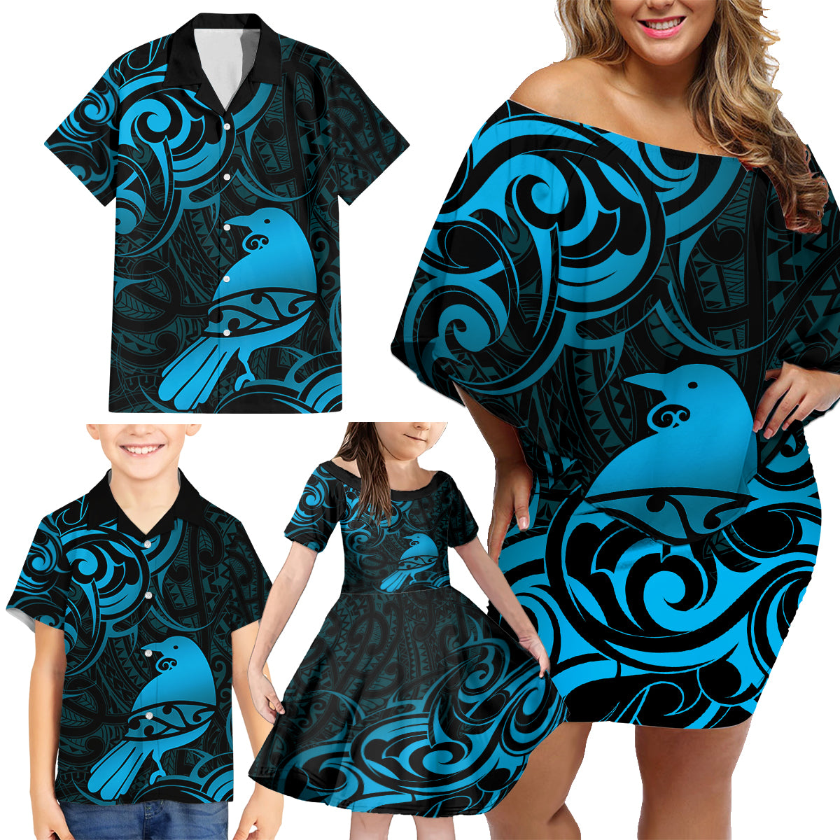 New Zealand Tui Bird Family Matching Off Shoulder Short Dress and Hawaiian Shirt Aotearoa Maori Pattern - Blue LT14 - Polynesian Pride