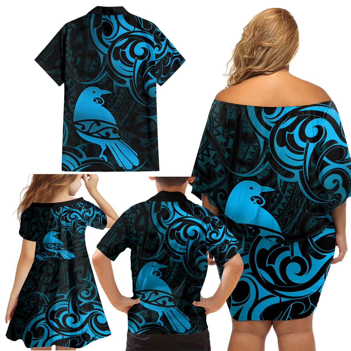 New Zealand Tui Bird Family Matching Off Shoulder Short Dress and Hawaiian Shirt Aotearoa Maori Pattern - Blue LT14 - Polynesian Pride