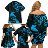 New Zealand Tui Bird Family Matching Off Shoulder Short Dress and Hawaiian Shirt Aotearoa Maori Pattern - Blue LT14 - Polynesian Pride