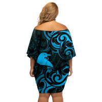 New Zealand Tui Bird Family Matching Off Shoulder Short Dress and Hawaiian Shirt Aotearoa Maori Pattern - Blue LT14 - Polynesian Pride