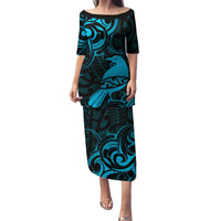 New Zealand Tui Bird Family Matching Puletasi and Hawaiian Shirt Aotearoa Maori Pattern - Blue LT14 Mom's Dress Blue - Polynesian Pride