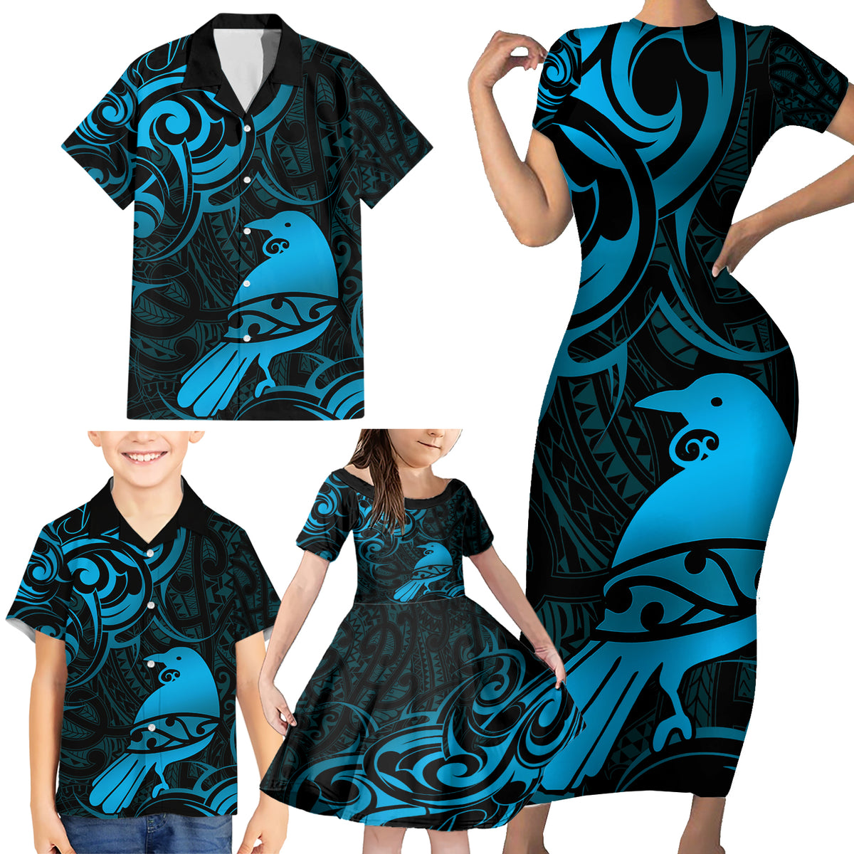 New Zealand Tui Bird Family Matching Short Sleeve Bodycon Dress and Hawaiian Shirt Aotearoa Maori Pattern - Blue LT14 - Polynesian Pride