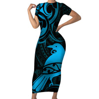 New Zealand Tui Bird Family Matching Short Sleeve Bodycon Dress and Hawaiian Shirt Aotearoa Maori Pattern - Blue LT14 Mom's Dress Blue - Polynesian Pride