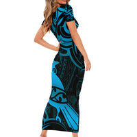 New Zealand Tui Bird Family Matching Short Sleeve Bodycon Dress and Hawaiian Shirt Aotearoa Maori Pattern - Blue LT14 - Polynesian Pride