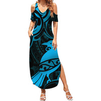 New Zealand Tui Bird Family Matching Summer Maxi Dress and Hawaiian Shirt Aotearoa Maori Pattern - Blue LT14 Mom's Dress Blue - Polynesian Pride