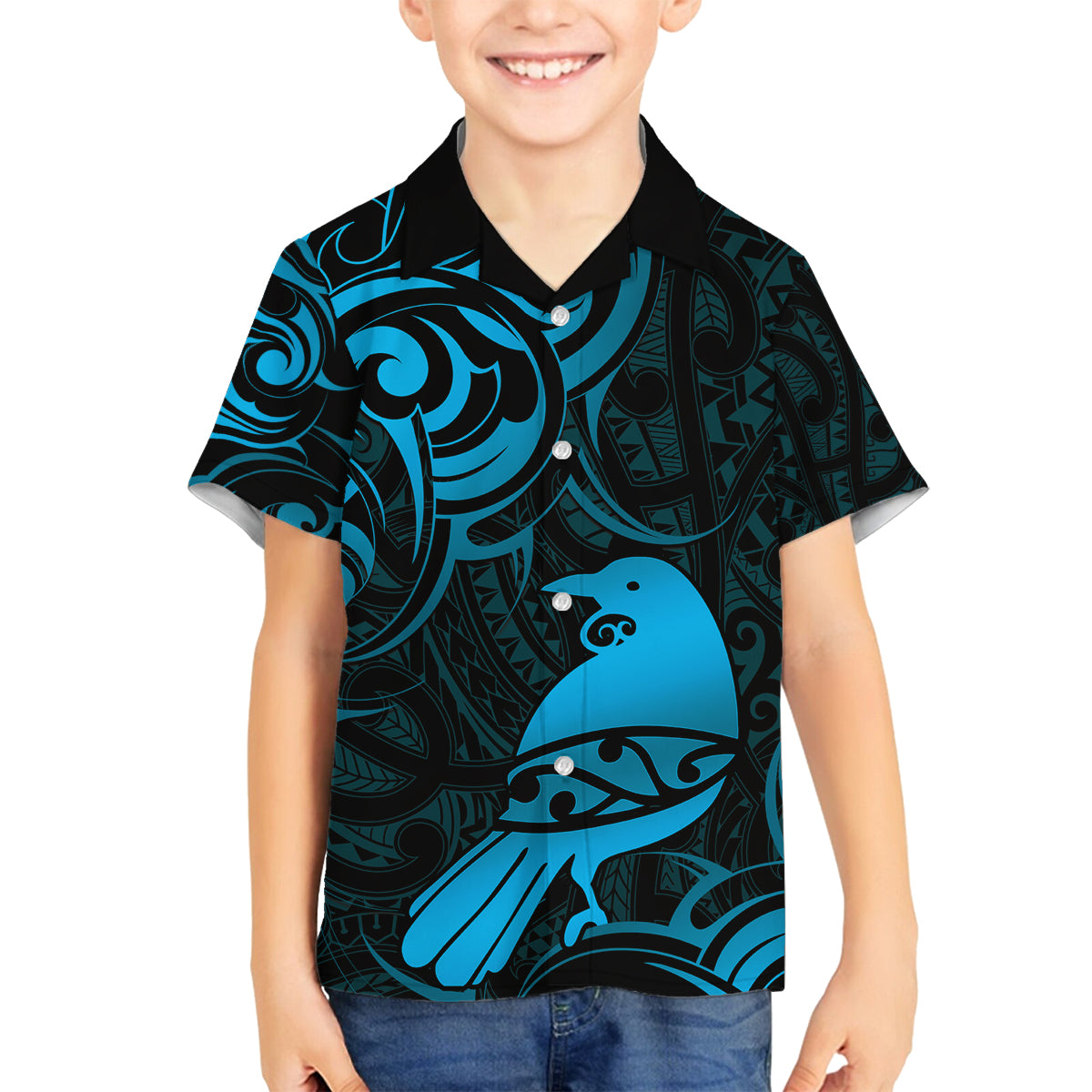 New Zealand Tui Bird Family Matching Summer Maxi Dress and Hawaiian Shirt Aotearoa Maori Pattern - Blue LT14 Son's Shirt Blue - Polynesian Pride