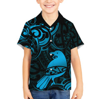 New Zealand Tui Bird Family Matching Summer Maxi Dress and Hawaiian Shirt Aotearoa Maori Pattern - Blue LT14 Son's Shirt Blue - Polynesian Pride