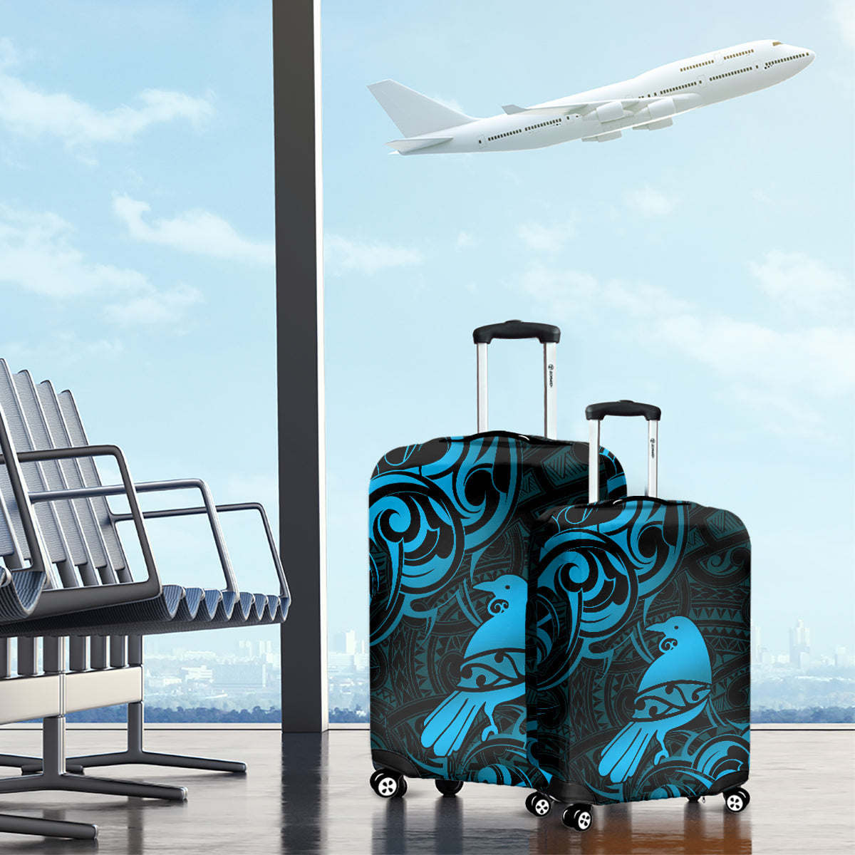 New Zealand Tui Bird Luggage Cover Aotearoa Maori Pattern - Blue