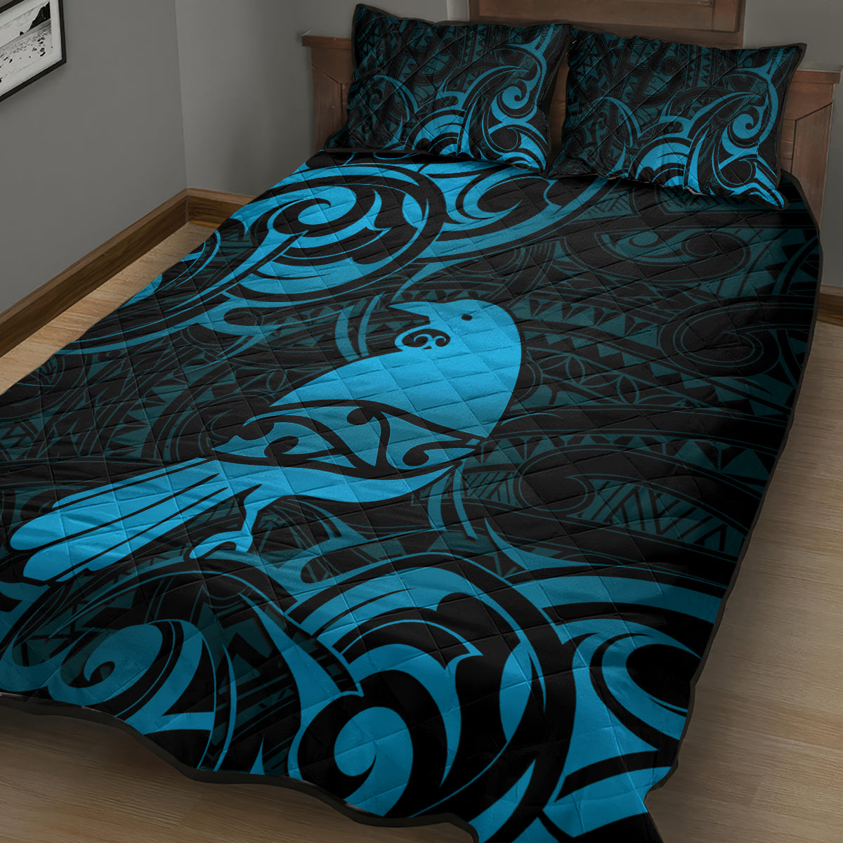 New Zealand Tui Bird Quilt Bed Set Aotearoa Maori Pattern - Blue