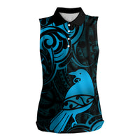 New Zealand Tui Bird Women Sleeveless Polo Shirt Aotearoa Maori Pattern - Blue LT14 Female Blue - Polynesian Pride