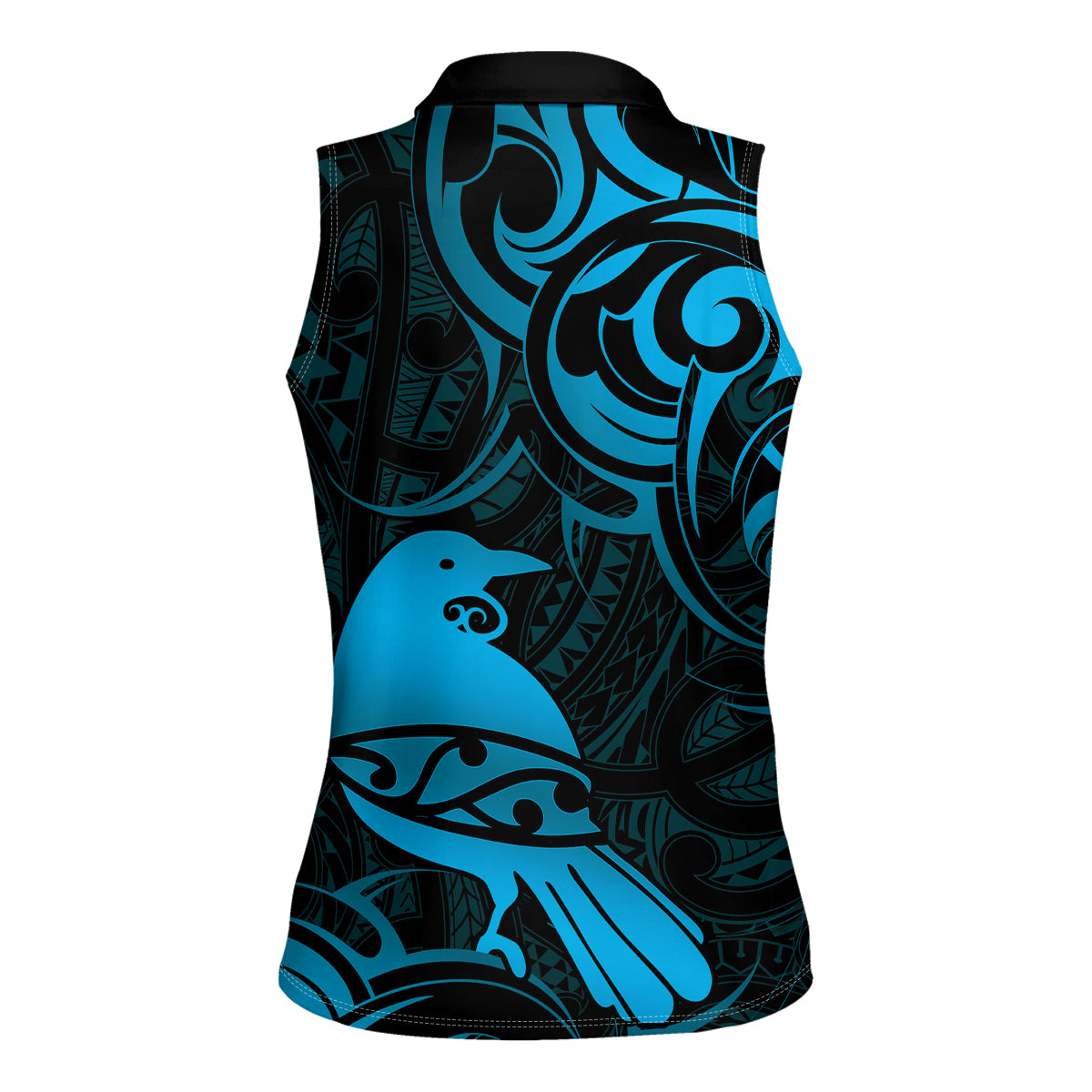 New Zealand Tui Bird Women Sleeveless Polo Shirt Aotearoa Maori Pattern - Blue LT14 - Polynesian Pride