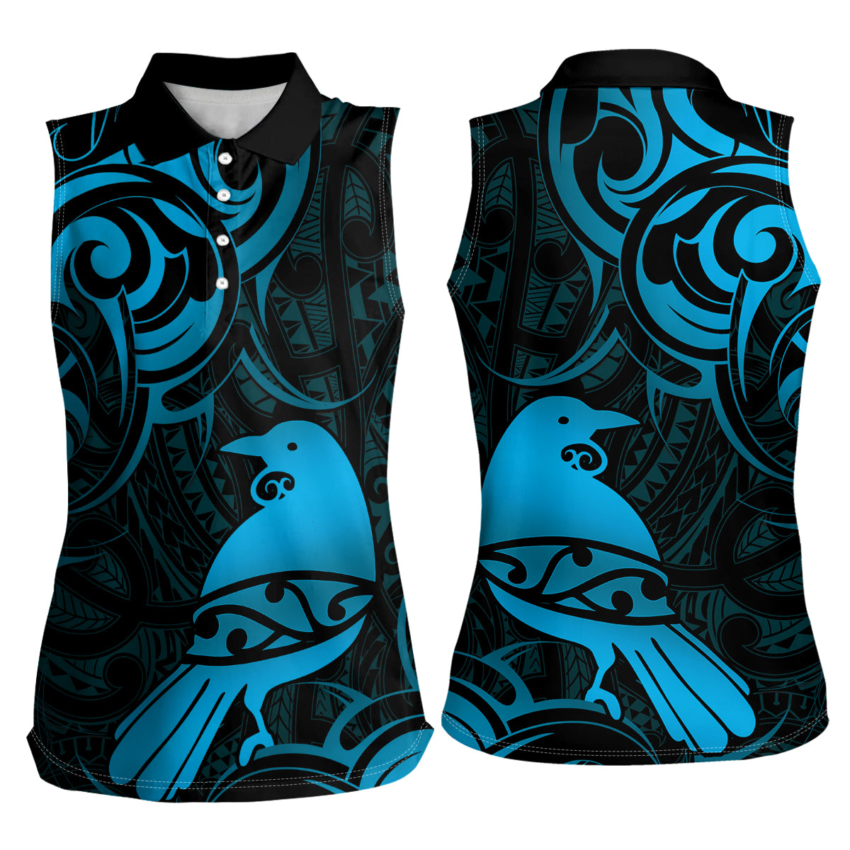 New Zealand Tui Bird Women Sleeveless Polo Shirt Aotearoa Maori Pattern - Blue LT14 - Polynesian Pride