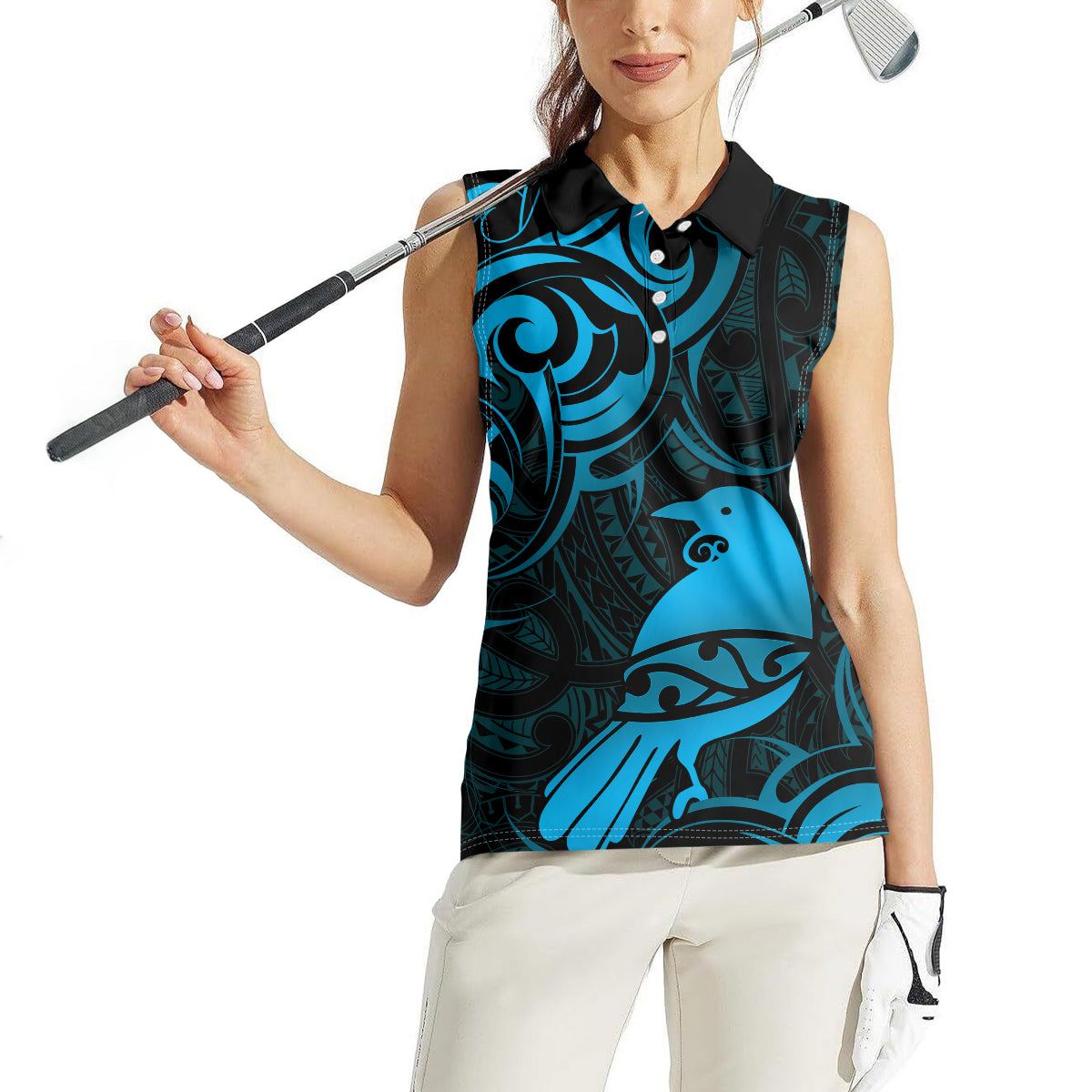 New Zealand Tui Bird Women Sleeveless Polo Shirt Aotearoa Maori Pattern - Blue LT14 - Polynesian Pride